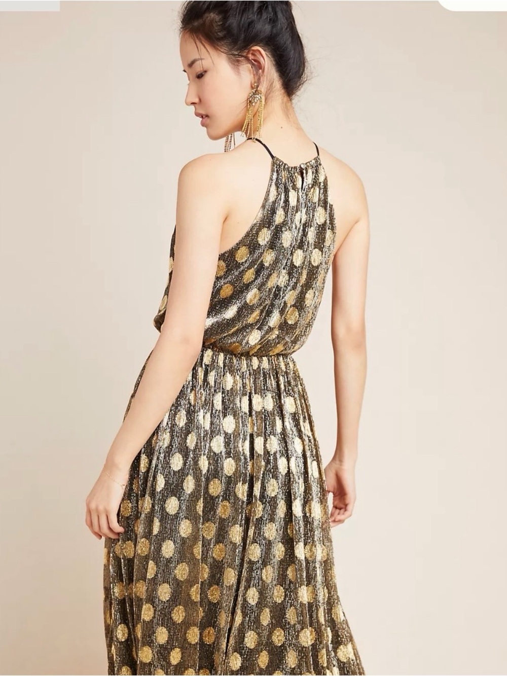 Anthropologie Sunday In Brooklyn Black Gold Halter Midi Dress Polka Dot Small - Picture 2 of 11